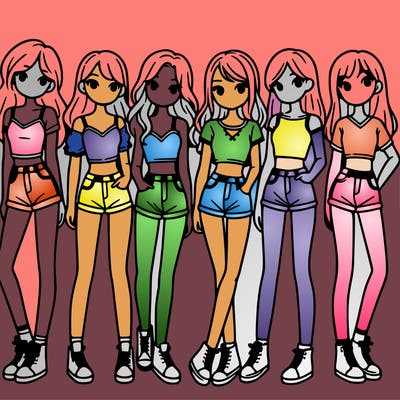 a group of girls wearing crop tops and shorts