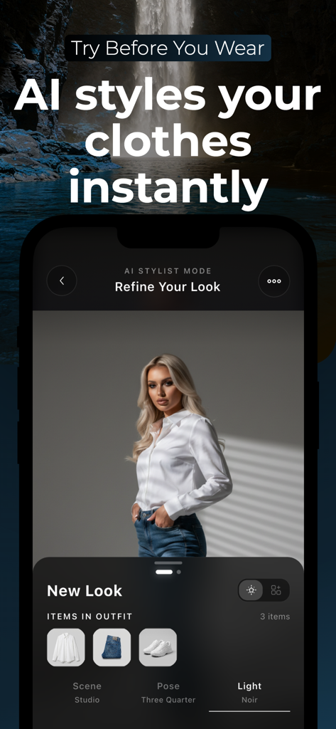 SELION.AI - Interface of the SELION.AI app showing a virtual try-on feature with a woman in a curated white shirt and jeans outfit