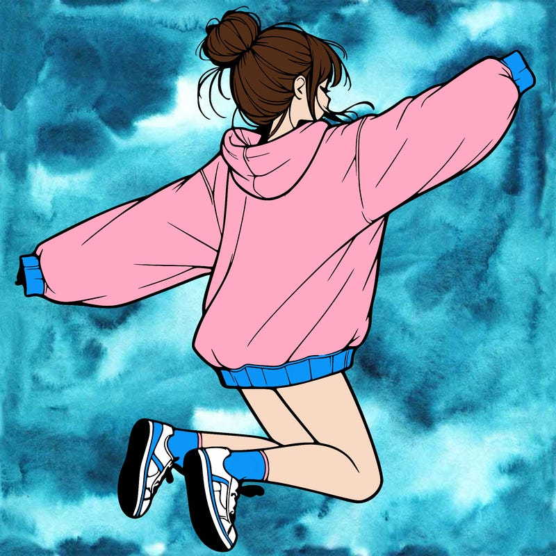 realistic girl jumping with a bun and oversized sweatshirt