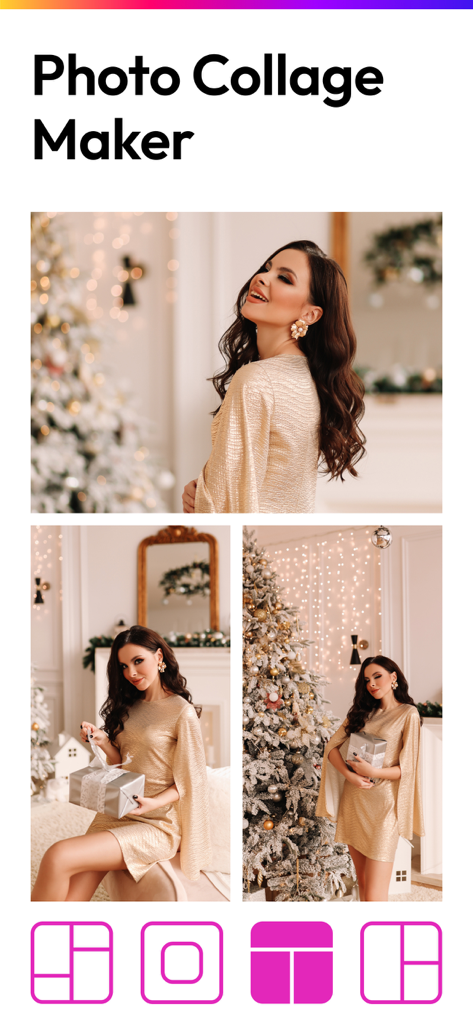 Photo Collage Maker & Pics Art - Festive photo collage template featuring a woman in a gold dress next to a Christmas tree