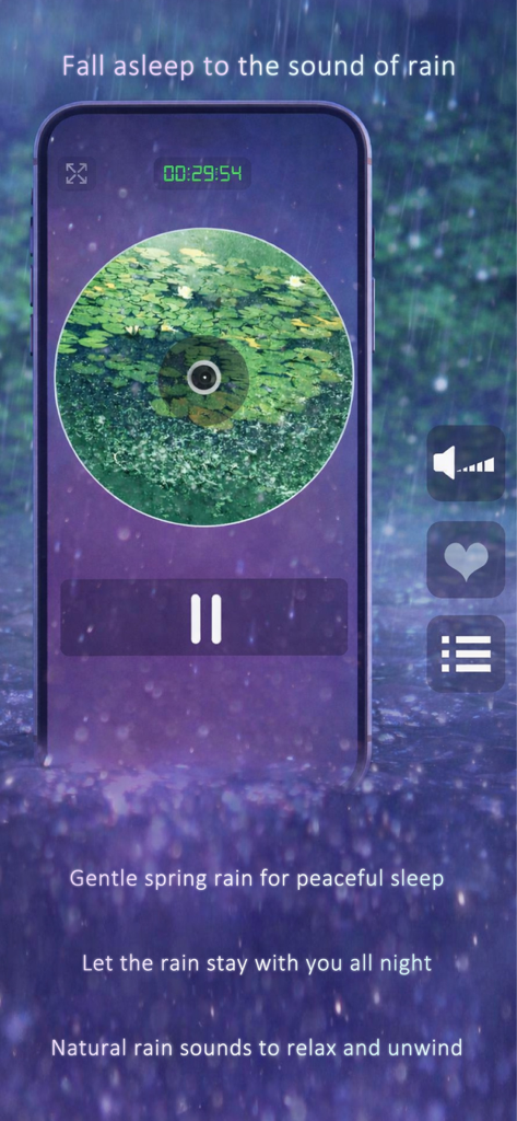 SleepNoise-For a calmer night - SleepNoiseアプリのインターフェース。雨のサウンドスケープと、スマートフォン上のスリープタイマーおよび再生コントロールが表示されています。