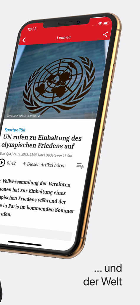 dk News - Una captura de pantalla de la aplicación dk News en un iPhone mostrando un artículo de noticias mundiales con una función de reproducción de audio