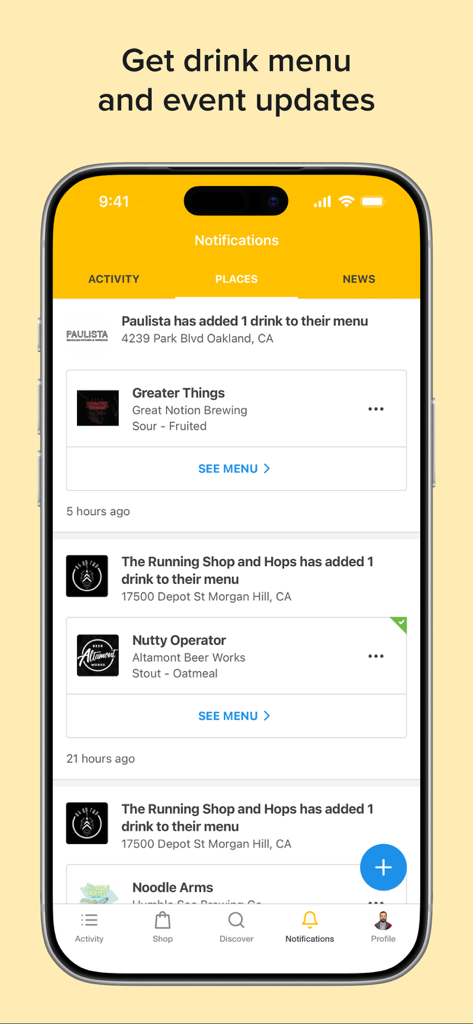 Untappd app screen showing drink menu notifications and venue updates