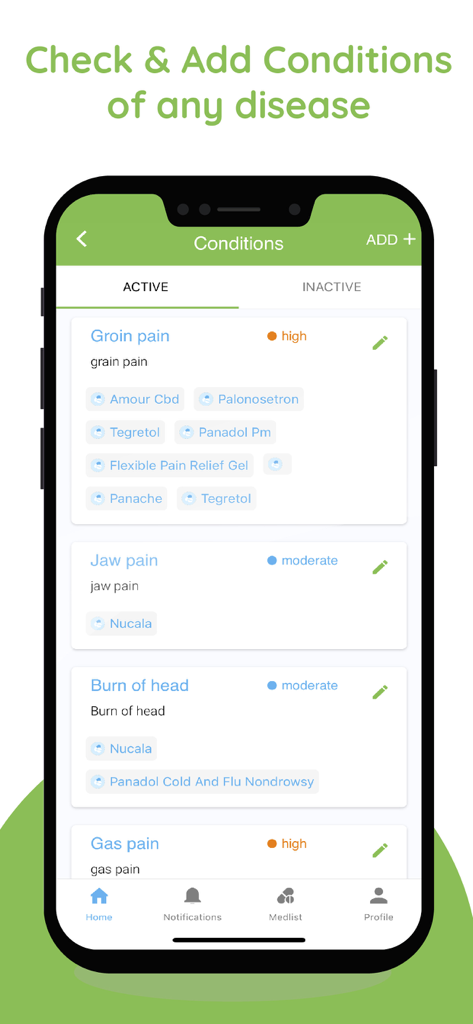 Screenshot of the MedSearch App showing a list of active medical conditions and associated medications