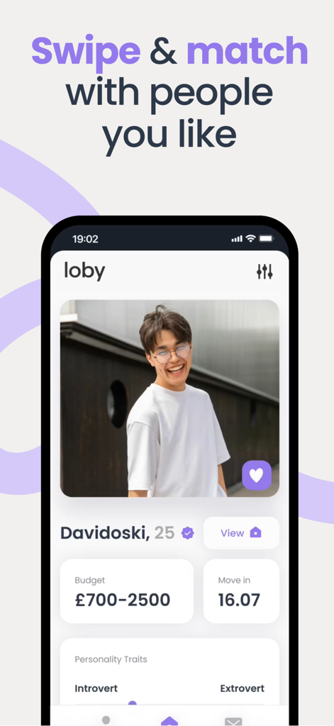 Smartphone screen showing a Loby app user profile with a swipe and match interface for finding roommates