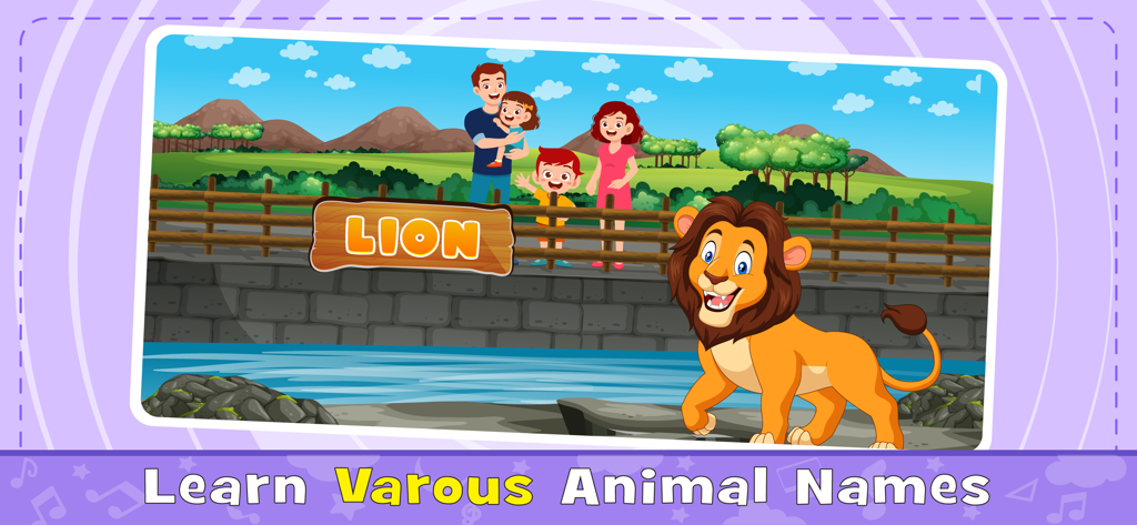 Baby Games: Learning English - Un león de dibujos animados y una familia en un zoológico que ilustran el aprendizaje de nombres de animales en la aplicación.
