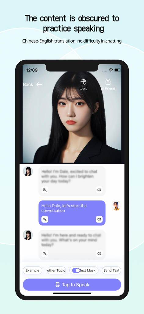Talk AI - Chat & New Friends - A smartphone screen displaying the Talk AI app chat interface with a text mask feature enabled for practicing language speaking.