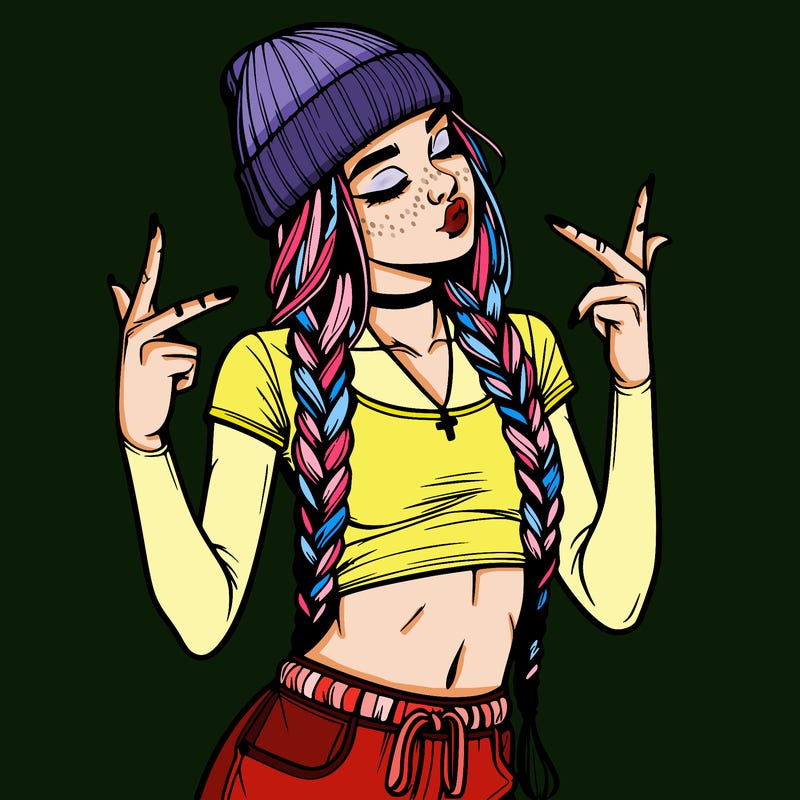 realistic teenage girl with braids and a beanie and crop top doing 🫶🏼