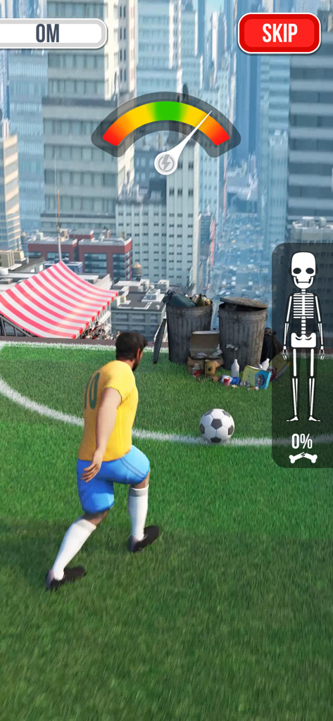 Falling Art Ragdoll Simulator - A soccer player character stands on a city rooftop with a power meter ready for a ragdoll fall.