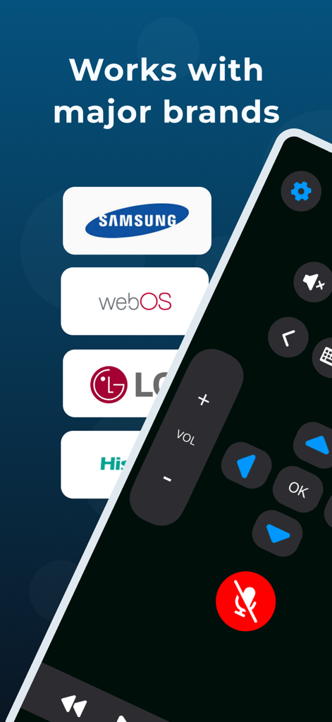 Interface do aplicativo de controle remoto MyRemote TV mostrando compatibilidade com as marcas Samsung LG e Hisense