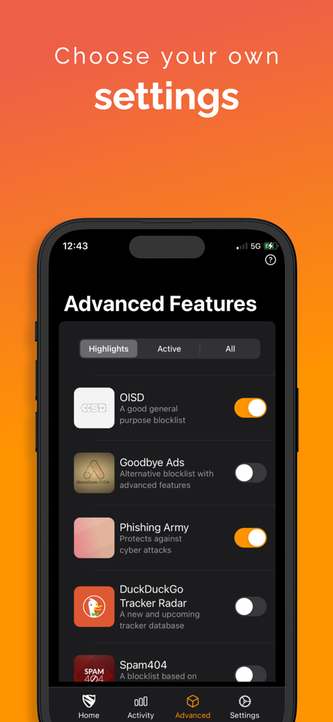 Ad Blocker VPN & DNS – Blokada - Screenshot of Blokada app advanced settings showing blocklist options for ad and tracker blocking