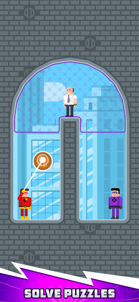 The Superhero League - Ein roter Superheldencharakter nutzt telekinetische Kräfte, um ein Rätsel zu lösen und einen Schurken in einer Stadtgebäudeumgebung zu besiegen.