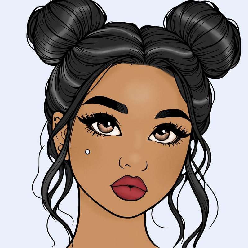 realistic girl with two buns on her hair and lips