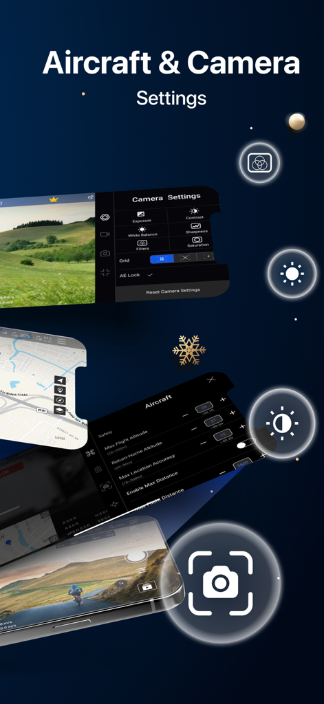 Interface do aplicativo Go Fly para Drones DJI mostrando os menus de configurações da aeronave e da câmera.