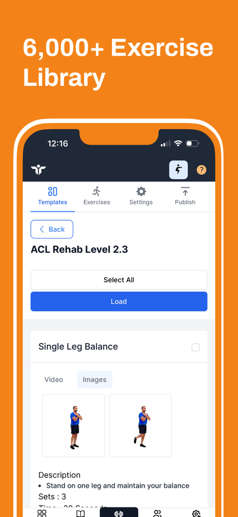 Interface of Rehab Guru Pro app showing an exercise library and an ACL rehabilitation template