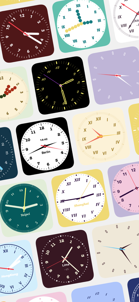 Une variété de conceptions de widgets d'horloge analogique personnalisables pour iPhone avec différentes couleurs et polices.