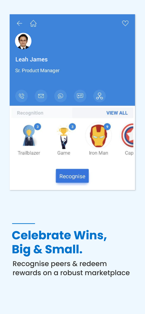 Darwinbox - Darwinbox mobile app interface showing employee recognition badges and a celebrate wins feature.