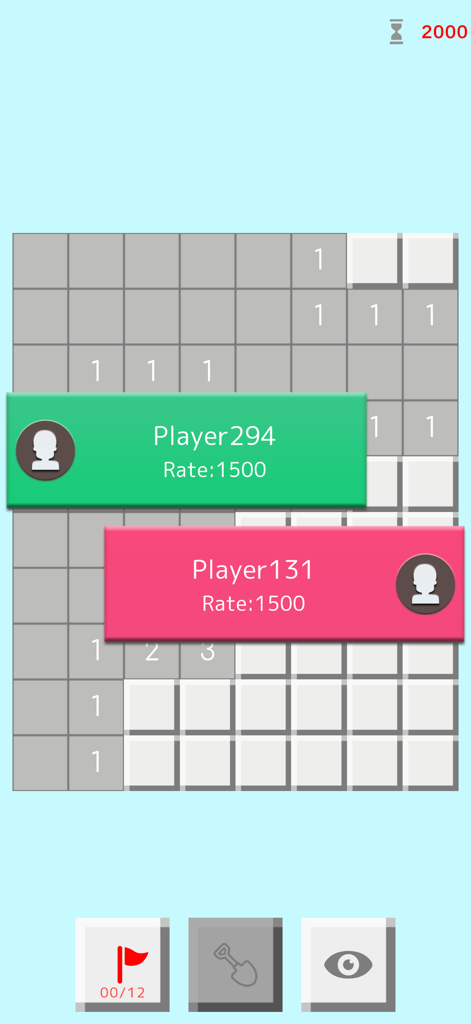 Competitive two-player Minesweeper match interface showing a shared game board and player ratings.