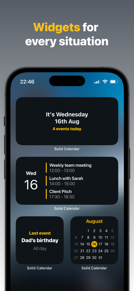 Solid Calendar - Varios widgets de Solid Calendar mostrados en la pantalla de inicio de un iPhone mostrando el horario diario y vistas mensuales