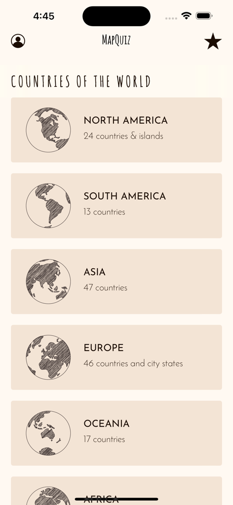 Map-Quiz App-Oberfläche zeigt eine Liste von Kontinenten einschließlich Nordamerika, Südamerika, Asien und Europa zur Auswahl