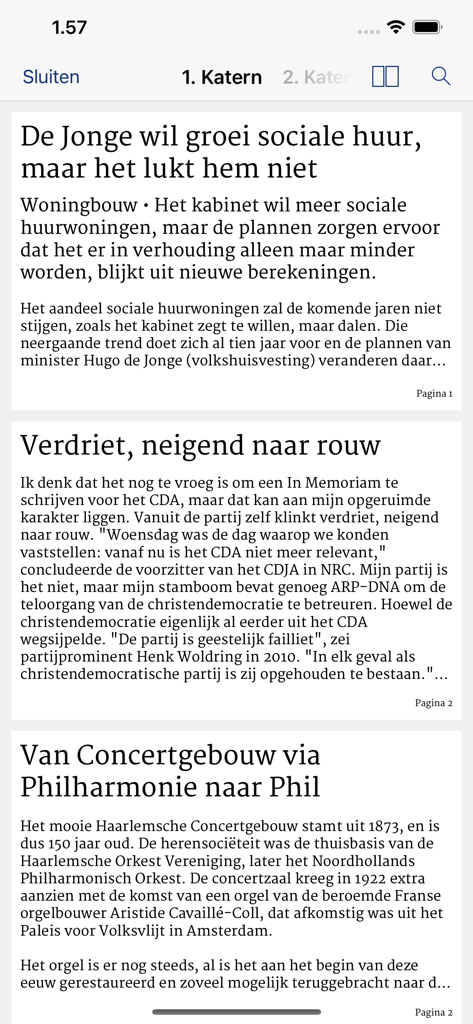 Trouw digitale krant - Visualizzazione di lettura digitale dell'app del quotidiano Trouw che mostra articoli di notizie olandesi.