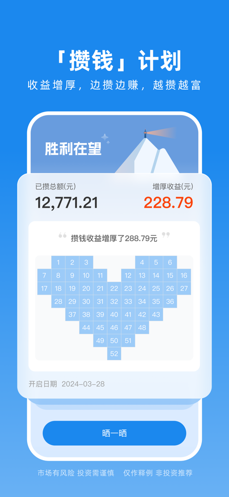 Qieman app screenshot showing a heart-shaped 52-week saving plan progress and investment profit data