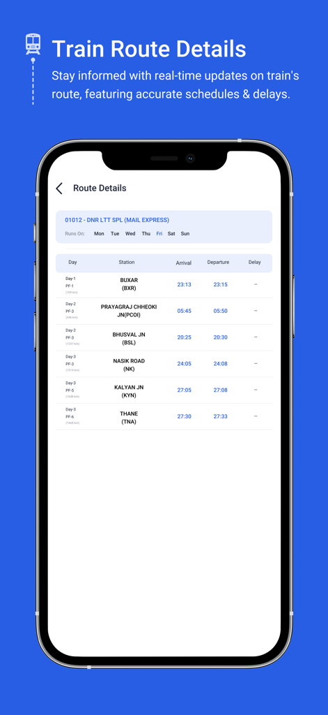 Where is my Train Live Status - モバイルアプリのインターフェースで駅の到着・出発時刻を表示するインド鉄道の列車ルート詳細画面