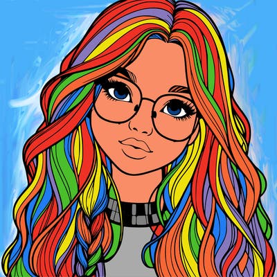 girl with long hair and freckles and glasses realistic