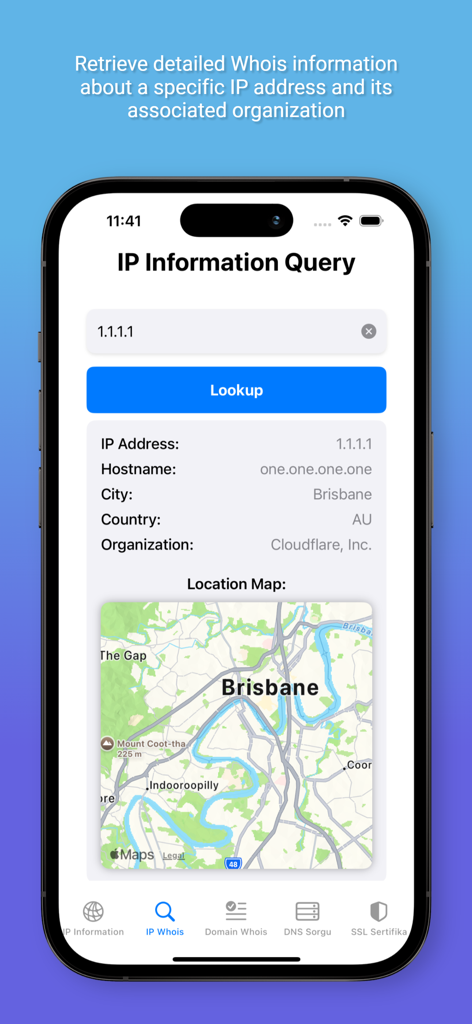 Whois Master - Whois Master app screenshot showing an IP address lookup for 1.1.1.1 with details like hostname organization and a location map of Brisbane