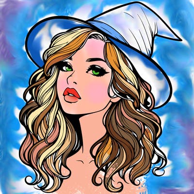 realistic witch girl with wavy hair and lips