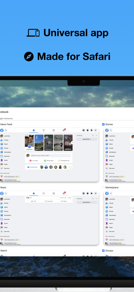 Interface of blockit for Safari on Mac showing options to block Facebook News Feed and Reels