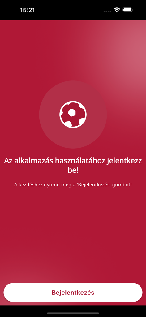 MeccsnApp login screen for Hungarian soccer referees featuring a soccer ball icon and a login button.