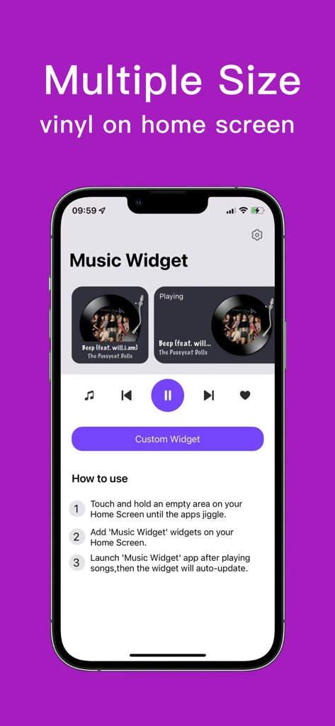 Music Widget app interface showing vinyl record widgets and setup instructions on an iPhone.