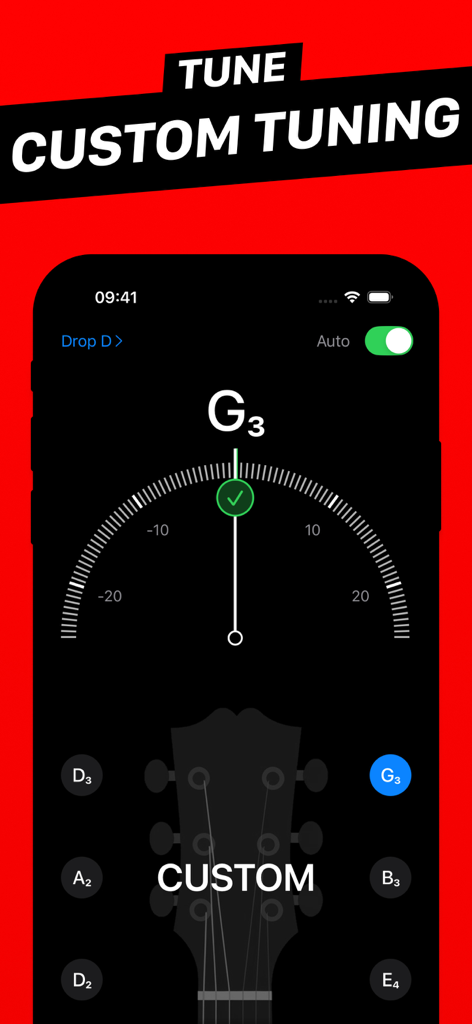 Kalimba Tuner - Interface of the Kalimba Tuner app showing custom tuning for a guitar with precise note detection