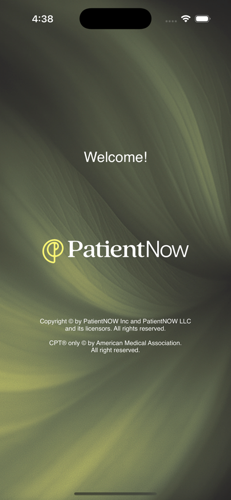 PatientNow - PatientNow app welcome screen featuring the company logo and a green abstract background