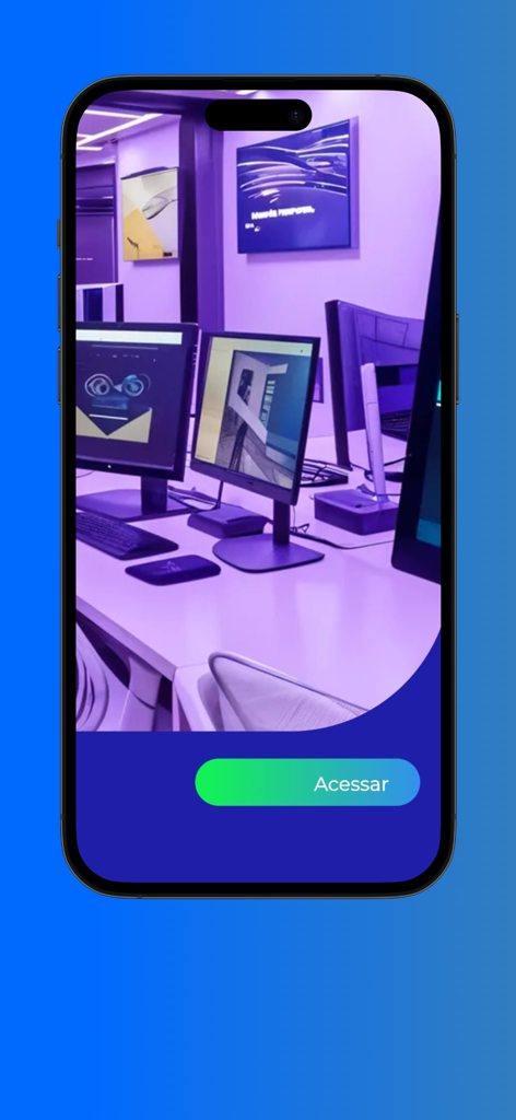 Captura de tela do aplicativo OneLaudos mostrando uma estação de trabalho médica profissional e um botão de acesso.