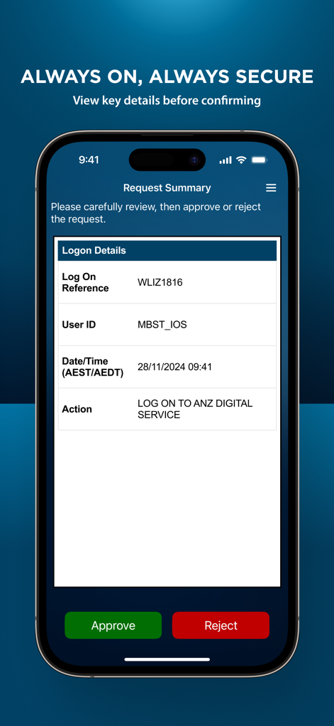 Request summary screen in the ANZ Digital Key app showing logon details and approval buttons