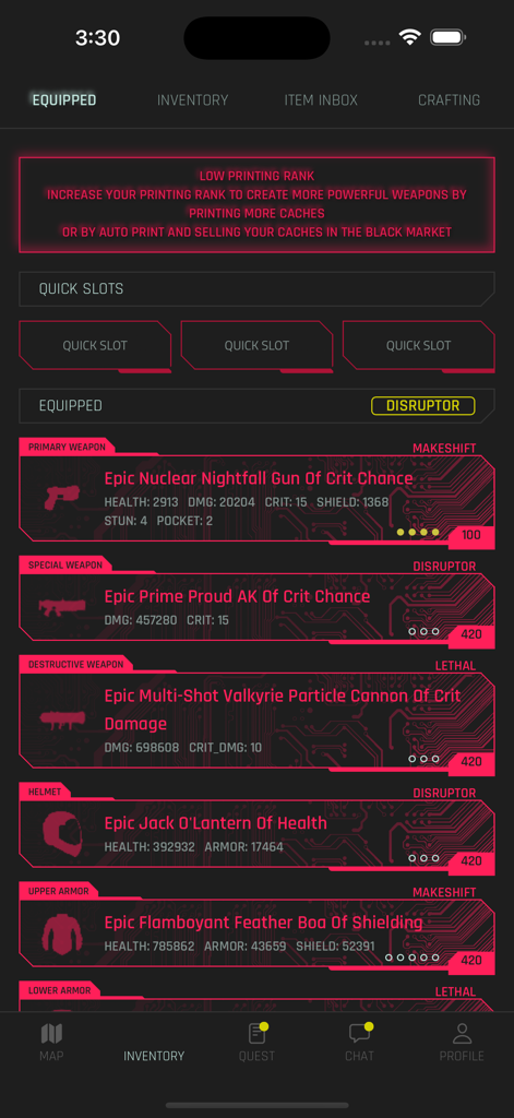 CyberCode Online: Text RPG - Equipped weapons and armor stats in CyberCode Online text RPG