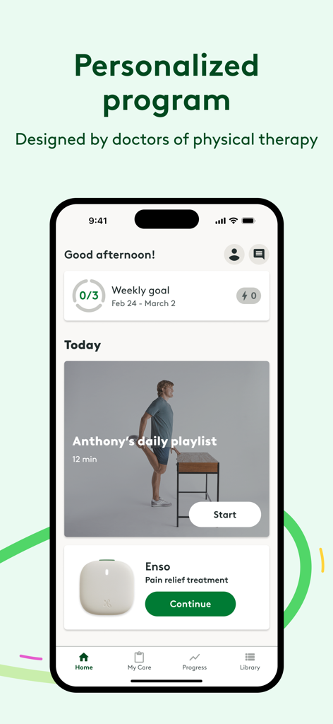 Hinge Health mobile app interface displaying a personalized physical therapy program and daily exercise goals