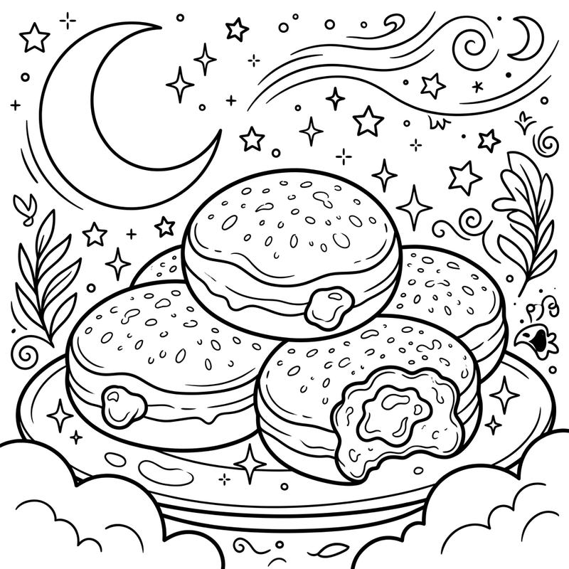 Settle in for a sweet coloring adventure with this charming page featuring delicious jelly doughnuts nestled under a magical night sky. Discover a world where sugary treats meet twinkling stars, ready for your creative touch.
