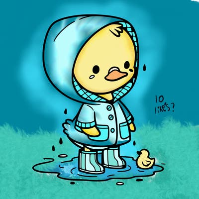 baby duck in a rain coat and boots, in a puddle while it’s raining
