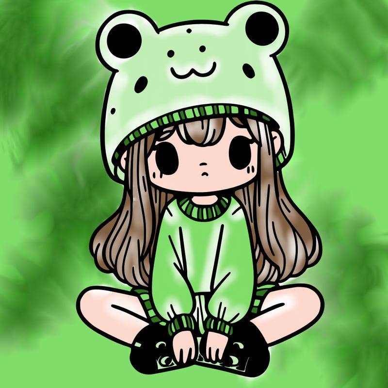 a girl wearing a frog hat and some frog socks