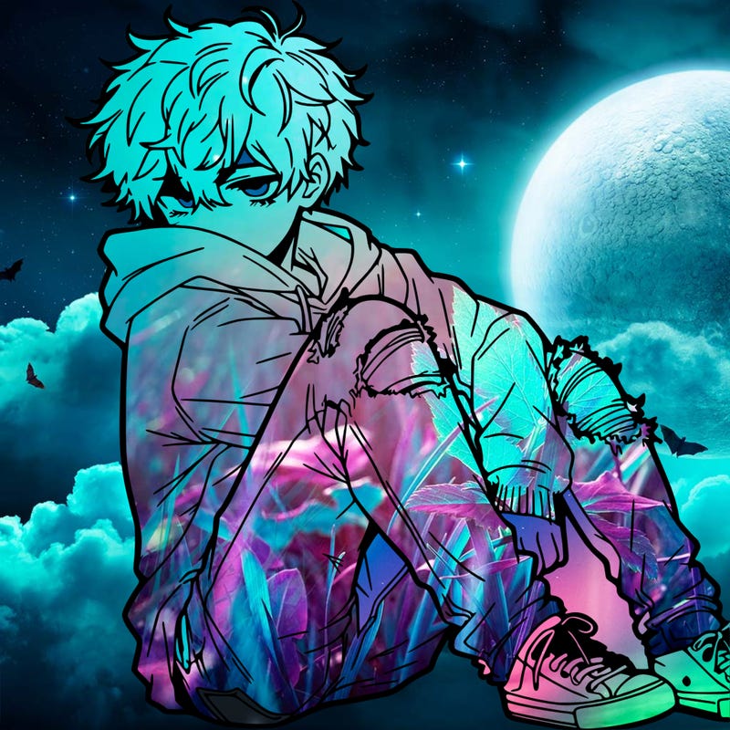 a male hoddie ripped jeans messy hair anime