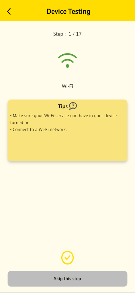 BaNANA Sure - BaNANA Sure app device testing interface showing the Wi-Fi diagnostic step