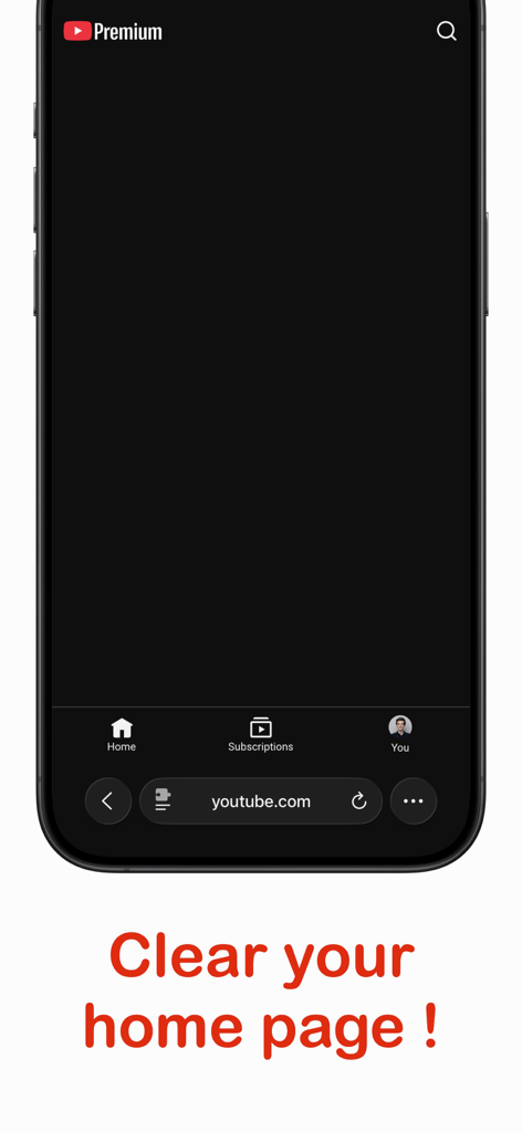 No Shorts: Blocker for YouTube - iPhone screen displaying a blank YouTube home page to prevent mindless scrolling