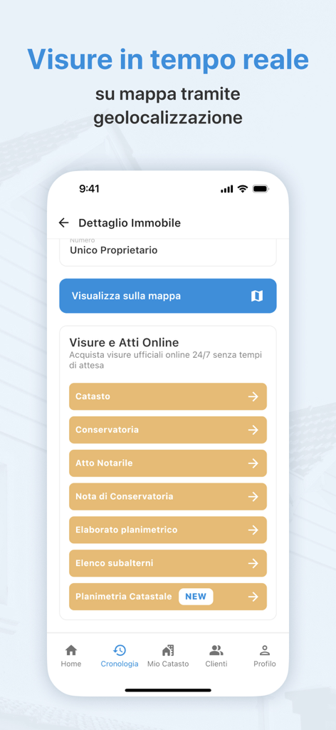 Whuis mobile app interface showing property details and various official record options like land registry and notary deeds