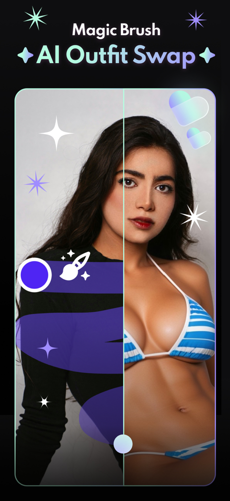 FaceVibe - AI Photo & Video - Recurso de pincel mágico do aplicativo FaceVibe trocando uma blusa preta de manga comprida por um top de biquíni listrado
