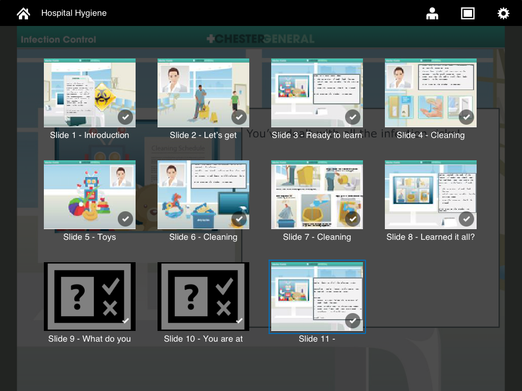Adobe Presenter - Eine Rasteransicht von Präsentationsfolien für einen E-Learning-Kurs über Krankenhaushygiene in der Adobe Presenter iPad-App.