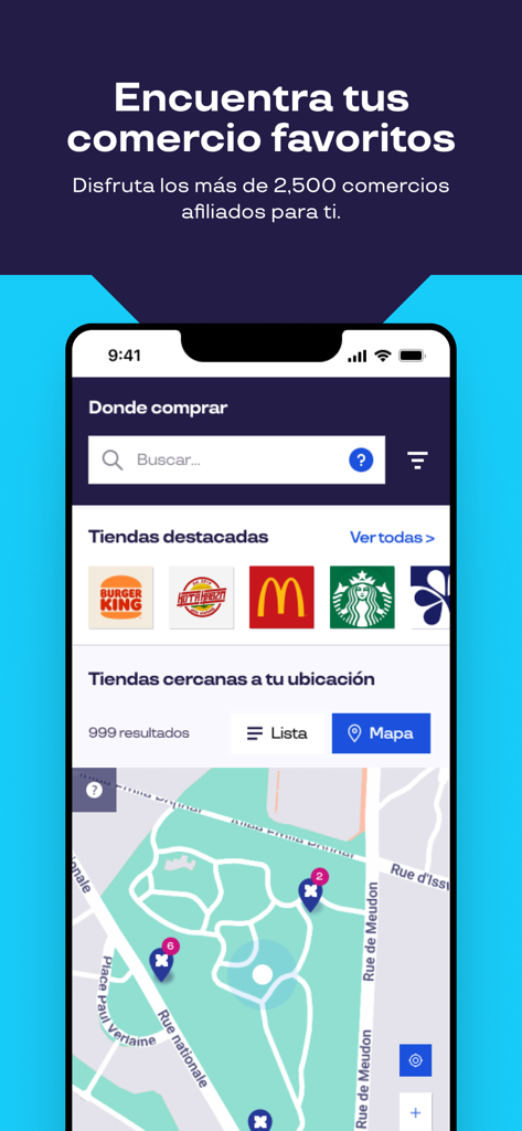 Pluxee Panama - La aplicación Pluxee Panama muestra una interfaz de mapa y búsqueda para encontrar tiendas afiliadas