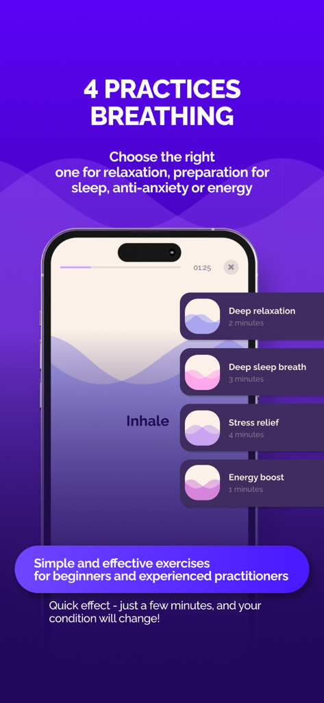 AB.MONEY: meditation & breath - Mobile app interface showing four breathing exercises for relaxation, sleep, stress relief, and energy boost.